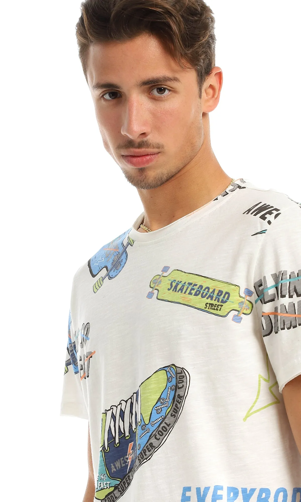 97179 Multi-Printings Cool Casual Off White T-Shirt