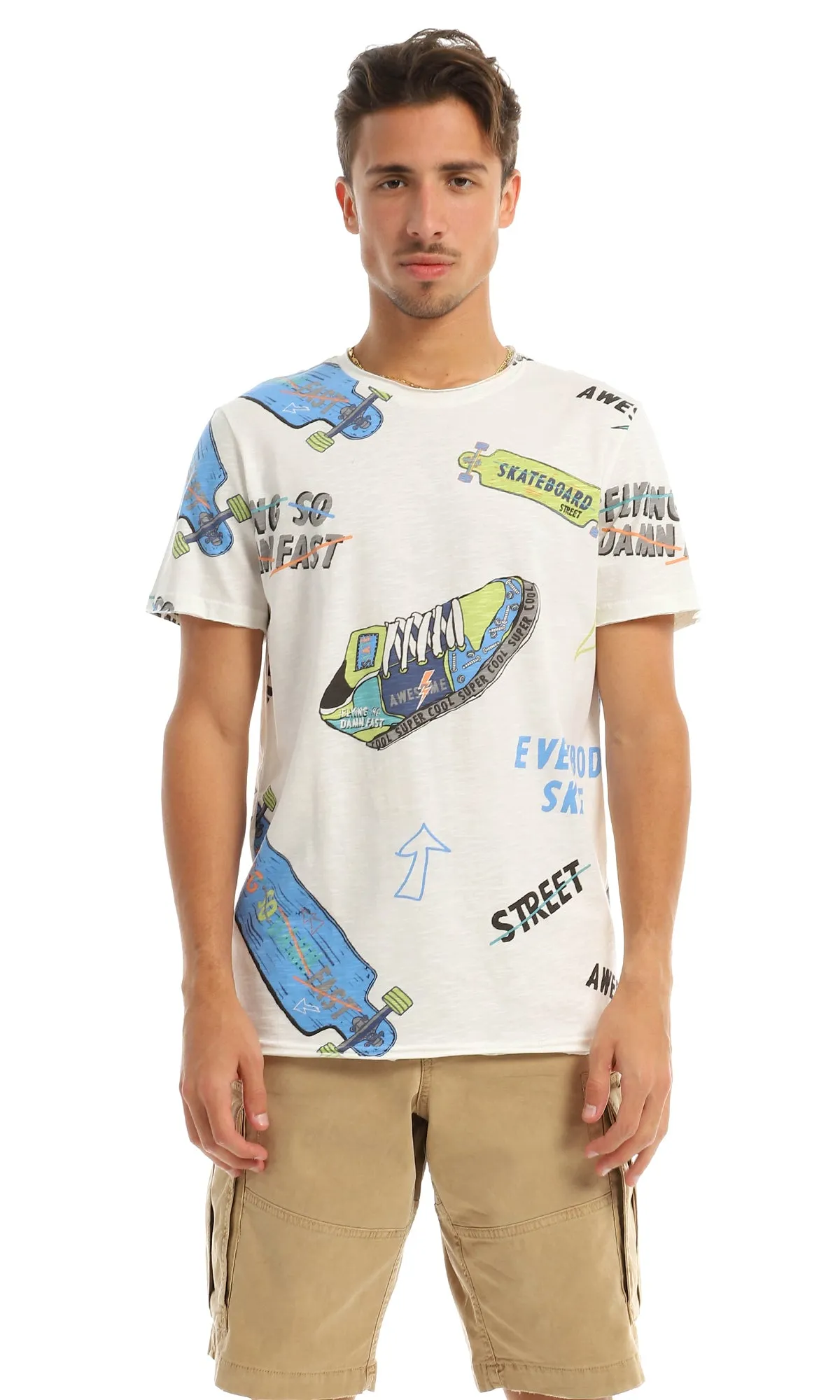 97179 Multi-Printings Cool Casual Off White T-Shirt
