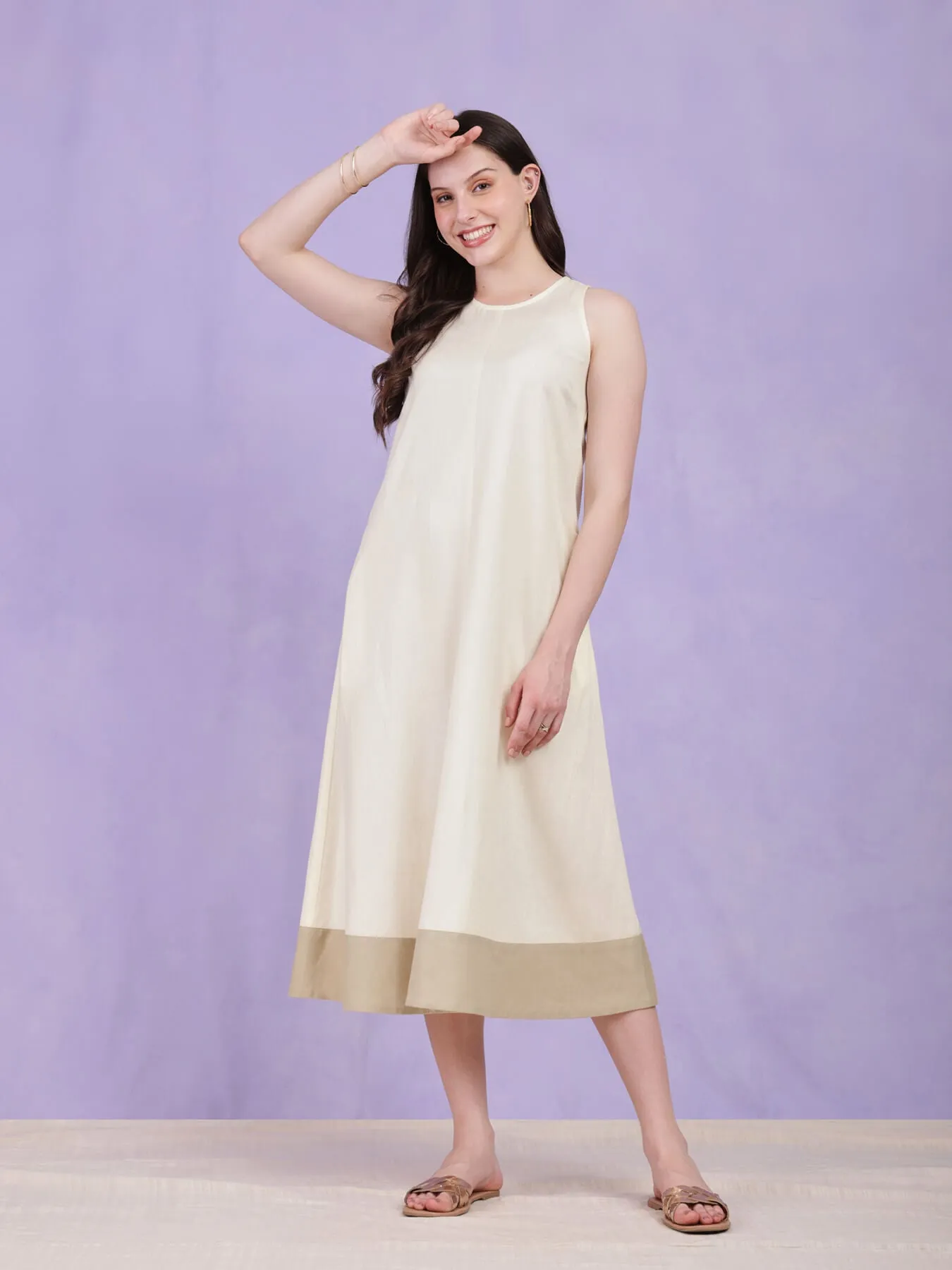 Colourblock A Line Dress - Cream & Beige
