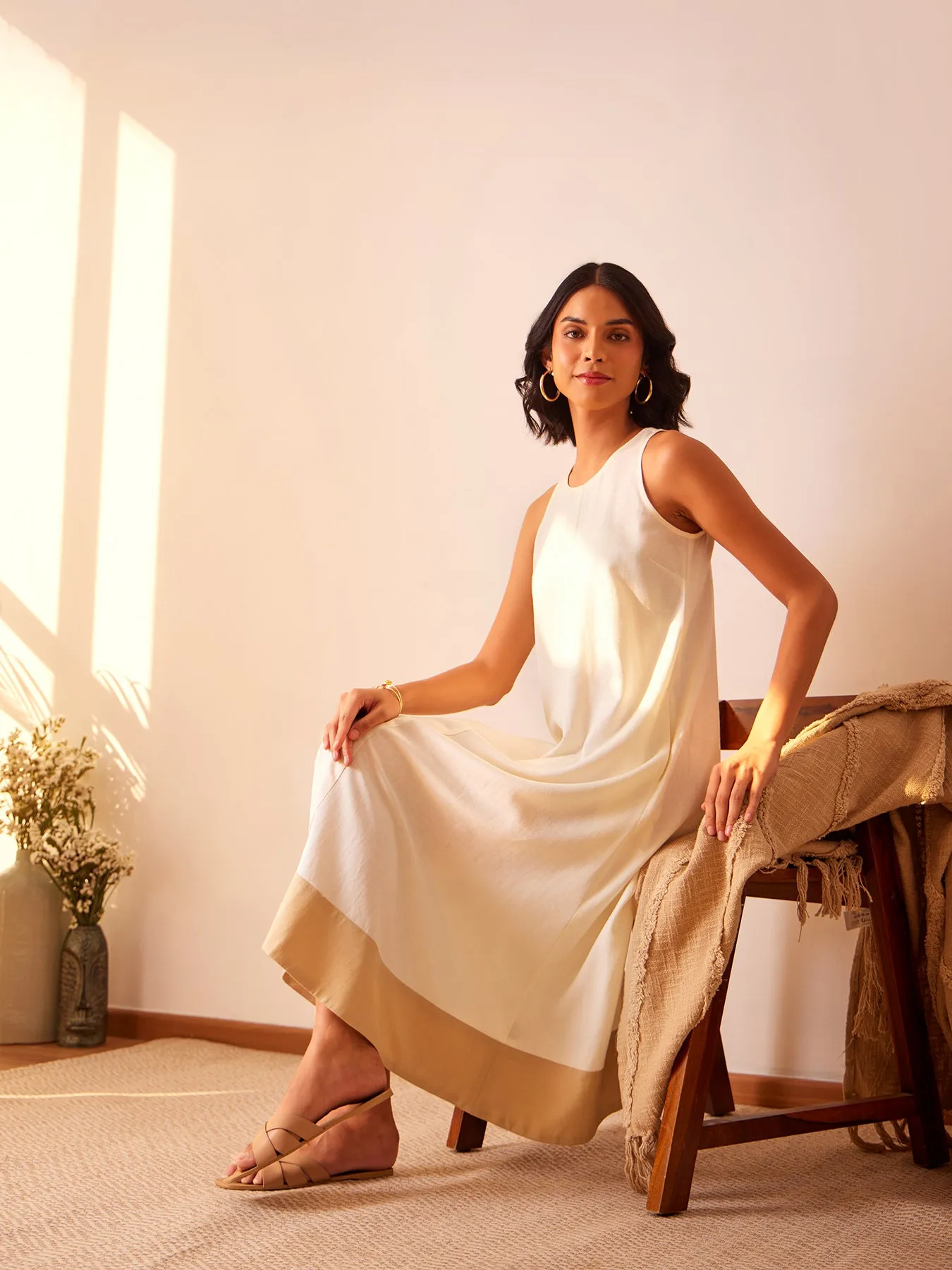 Colourblock A Line Dress - Cream & Beige
