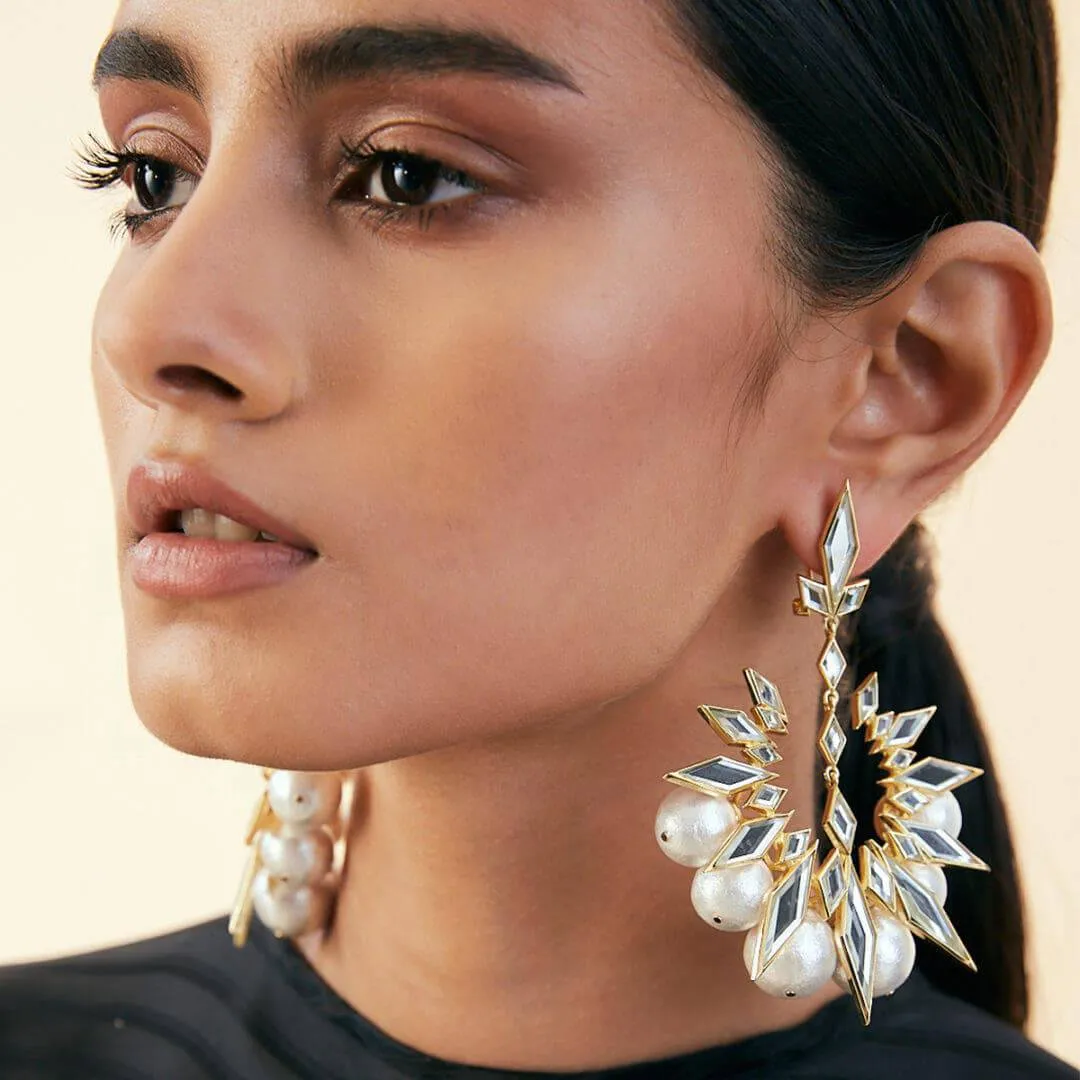 Demi Goddess Rhombus Mirror and Pearl Chandbali Earring