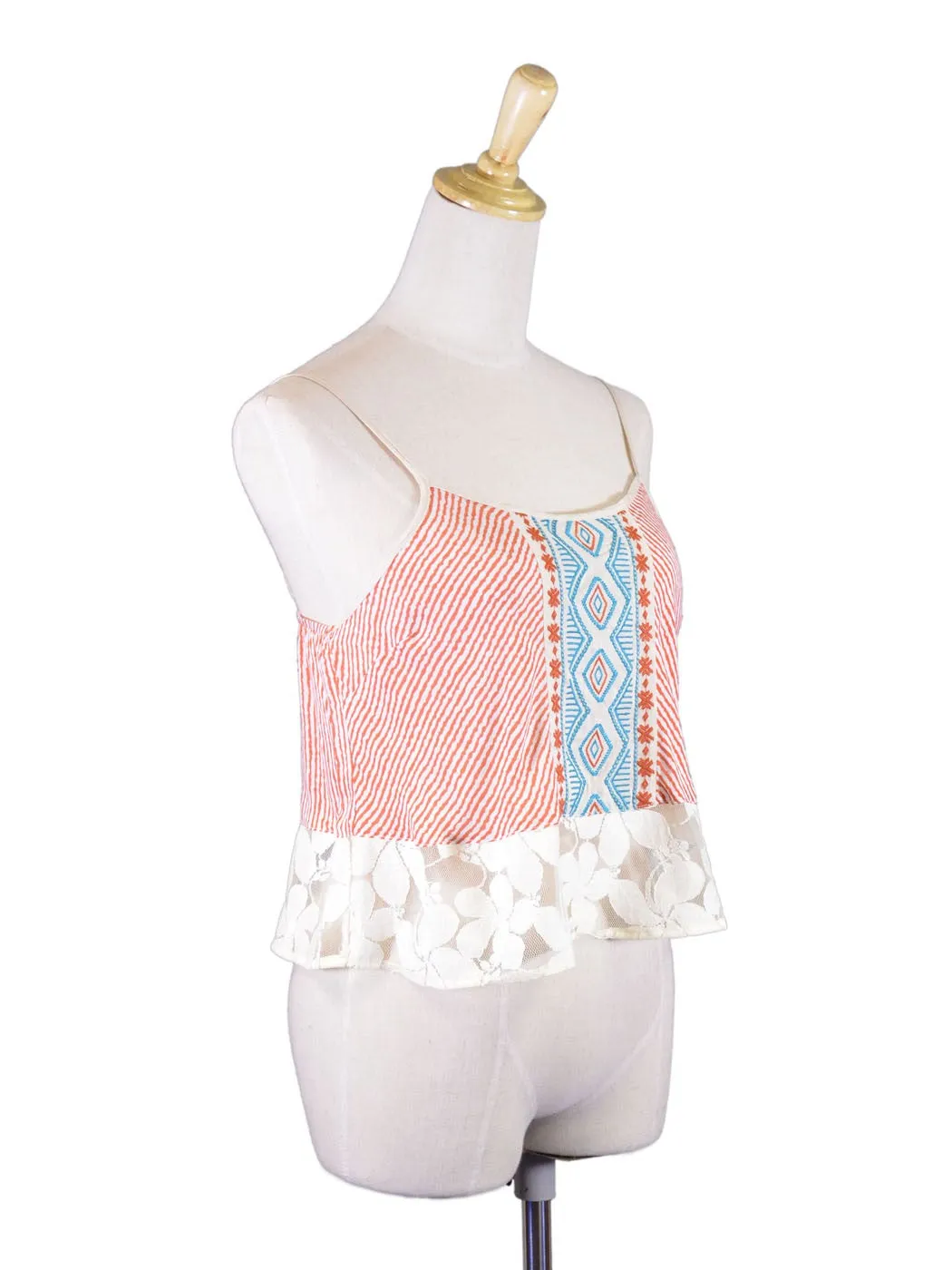 Flying Tomato Cute Stripped Embroidered Floral Mesh Lace Detail Woven Blouse Top