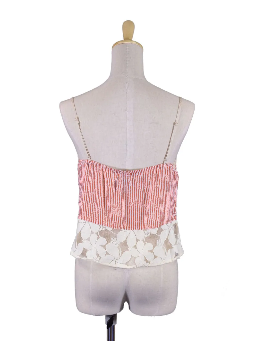 Flying Tomato Cute Stripped Embroidered Floral Mesh Lace Detail Woven Blouse Top