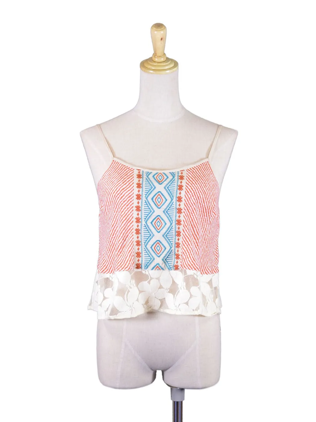 Flying Tomato Cute Stripped Embroidered Floral Mesh Lace Detail Woven Blouse Top