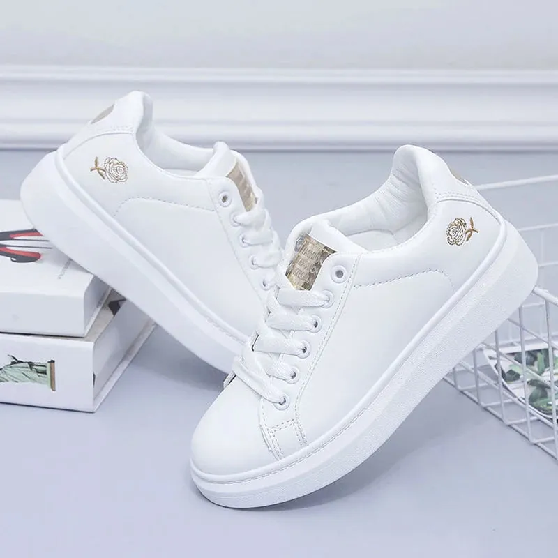 Shoes Women Running Spring Autumn Fashion White Breathable Embroidered Flower Lace-Up Casual Sneakers Zapatos De Mujer