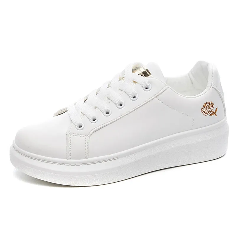 Shoes Women Running Spring Autumn Fashion White Breathable Embroidered Flower Lace-Up Casual Sneakers Zapatos De Mujer