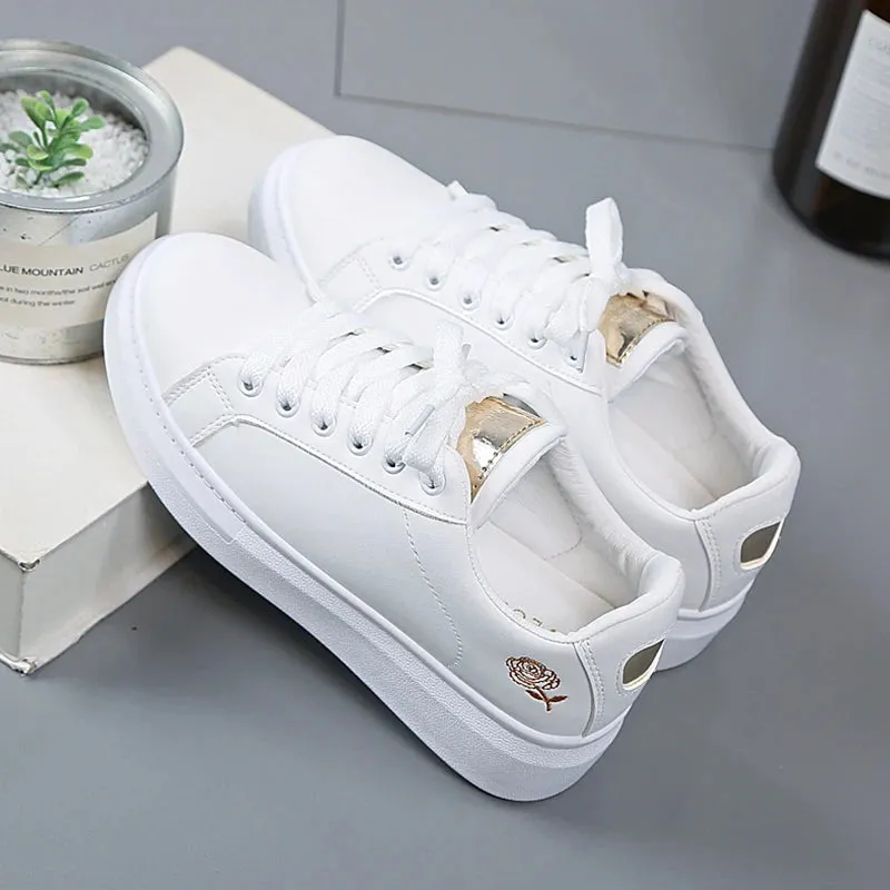 Shoes Women Running Spring Autumn Fashion White Breathable Embroidered Flower Lace-Up Casual Sneakers Zapatos De Mujer