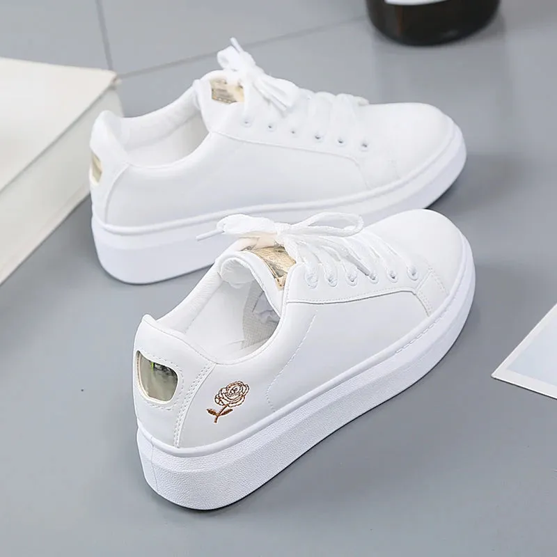 Shoes Women Running Spring Autumn Fashion White Breathable Embroidered Flower Lace-Up Casual Sneakers Zapatos De Mujer